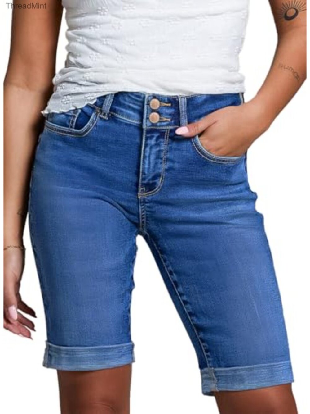 Women's High Waisted Bermuda Jean Shorts Folded Hem Denim Casual Summer